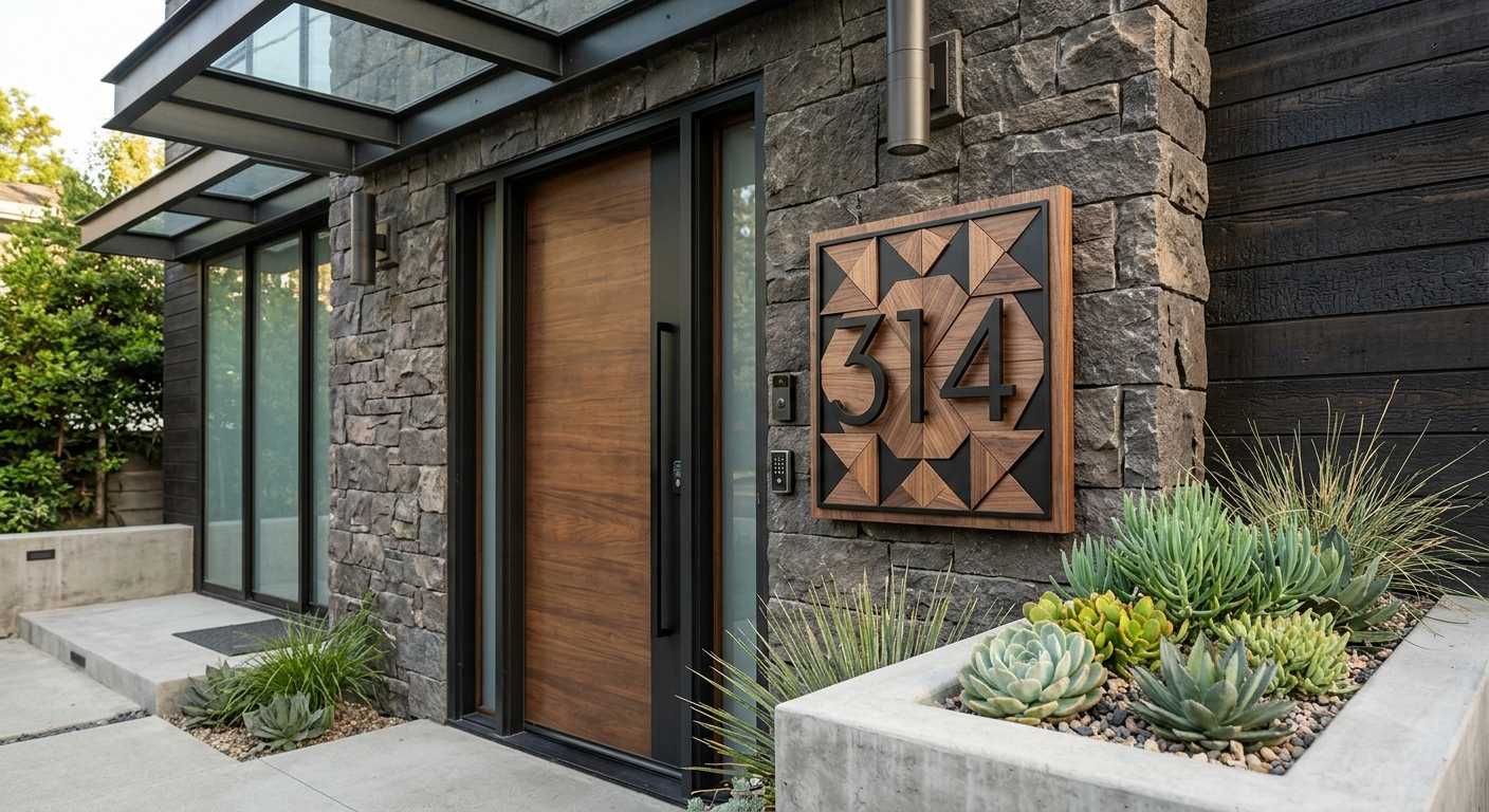 An editorial architectural photograph of a modern, multi-layered house number plaque mounted on a contemporary home's textured exterior wall. The sign is a masterpiece of laser-cut craftsmanship, featuring a geometric, quilt-inspired background of layered natural walnut wood and matte black acrylic. The bold, minimalist numerals are raised to create depth and elegant shadows in the soft afternoon light. The surrounding setting includes a clean-lined entryway with a glimpse of a sleek built-in planter containing vibrant green succulents, emphasizing a sophisticated balance of functionality and modern design.