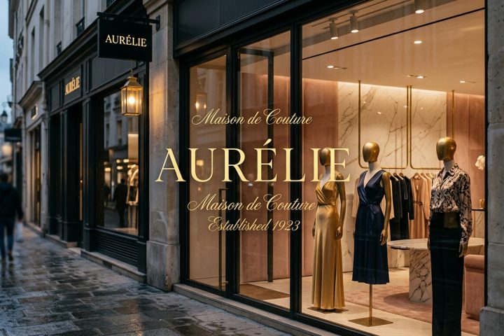 An editorial photograph of a high-end fashion boutique storefront at dusk in a chic urban district. The focus is on the sophisticated branding, featuring a minimalist logo with high-contrast serif typography and elegant, flowing script accents etched in gold leaf onto a large floor-to-ceiling glass window. The interior, visible through the glass, is dimly lit with warm, ambient light, showcasing a curated display of silk garments on brass mannequins against a backdrop of white marble and soft velvet textures. The overall atmosphere is refined and luxurious, with a shallow depth of field that emphasizes the polished metal and clean architectural lines of the shop’s facade.