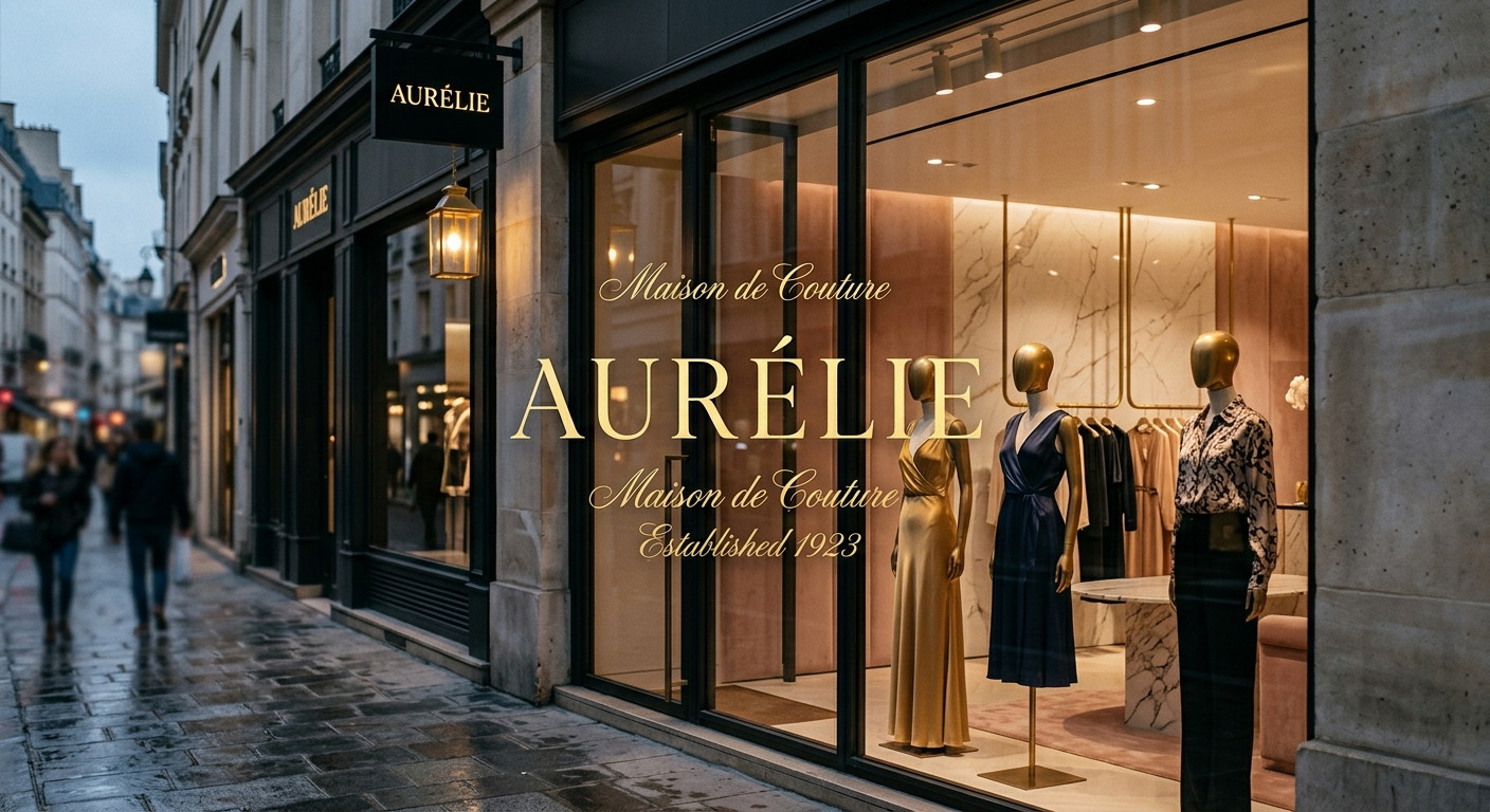 An editorial photograph of a high-end fashion boutique storefront at dusk in a chic urban district. The focus is on the sophisticated branding, featuring a minimalist logo with high-contrast serif typography and elegant, flowing script accents etched in gold leaf onto a large floor-to-ceiling glass window. The interior, visible through the glass, is dimly lit with warm, ambient light, showcasing a curated display of silk garments on brass mannequins against a backdrop of white marble and soft velvet textures. The overall atmosphere is refined and luxurious, with a shallow depth of field that emphasizes the polished metal and clean architectural lines of the shop’s facade.