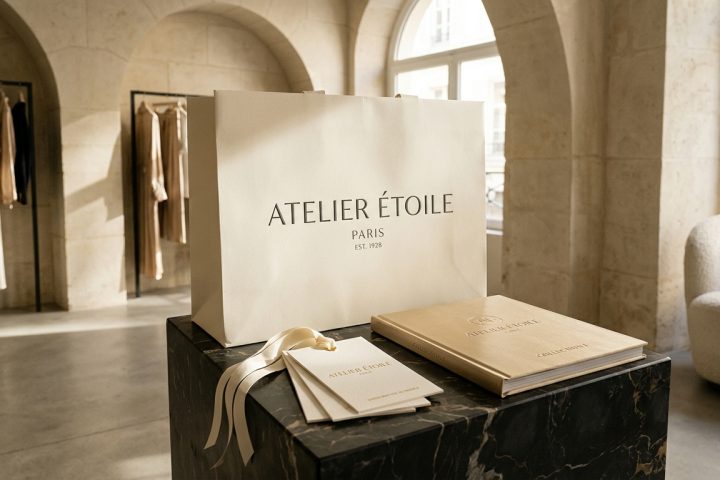 Atelier Étoile Paris shopping bag and lookbook on a marble plinth in a luxury boutique