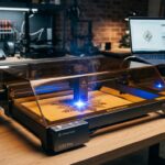 Atomstack X30 Pro laser engraver in a workshop, engraving a detailed mandala pattern onto a piece of wood