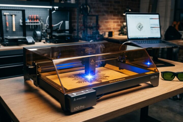 Atomstack X30 Pro laser engraver in a workshop, engraving a detailed mandala pattern onto a piece of wood