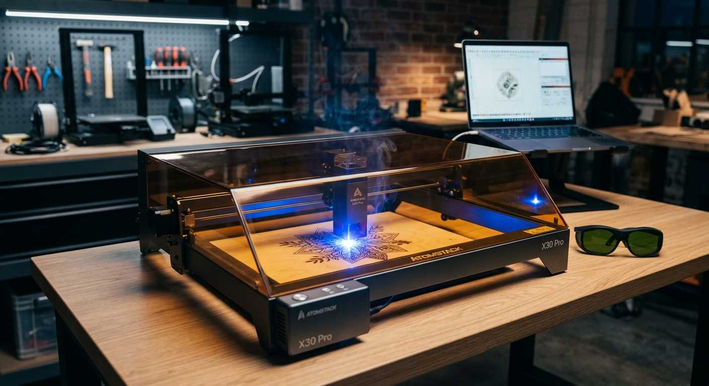 Atomstack X30 Pro laser engraver in a workshop, engraving a detailed mandala pattern onto a piece of wood