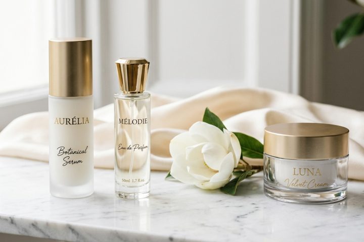 Aurélia Botanical Serum, Mélodie Eau de Parfum, and Luna Velvet Cream on a marble surface with a white magnolia