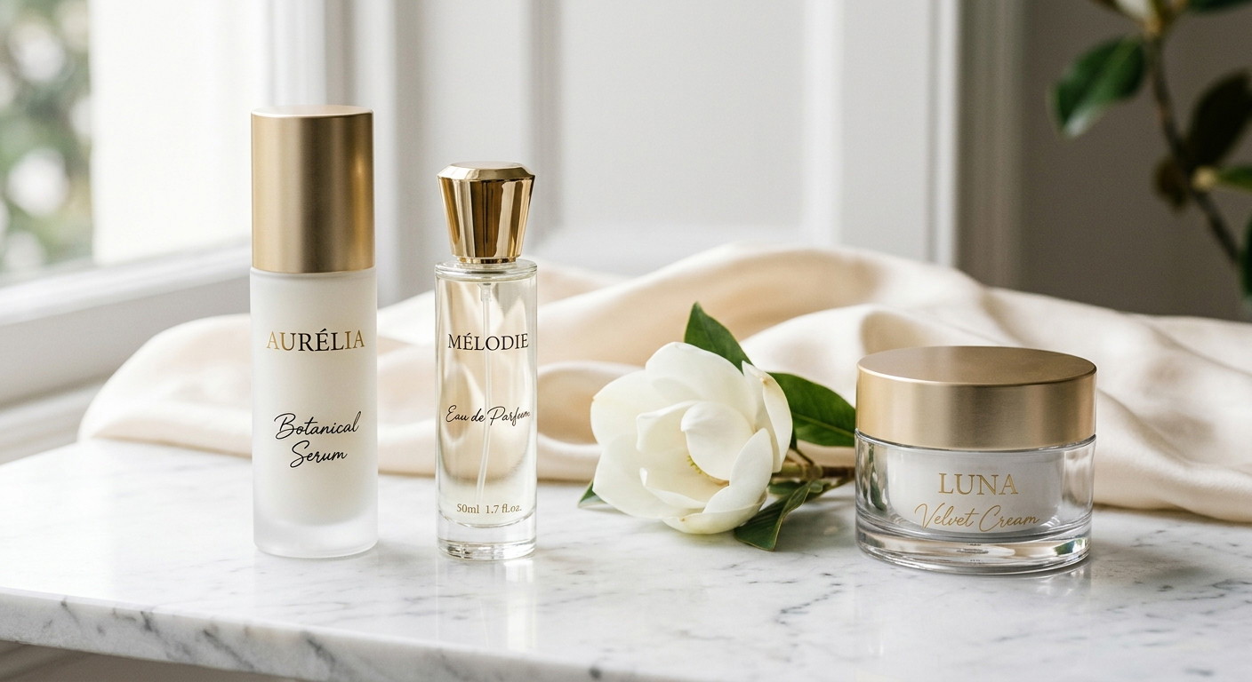 Aurélia Botanical Serum, Mélodie Eau de Parfum, and Luna Velvet Cream on a marble surface with a white magnolia