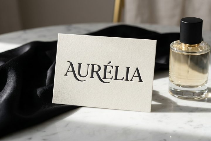 AURÉLIA perfume bottle and brand card on a marble surface with black silk fabric