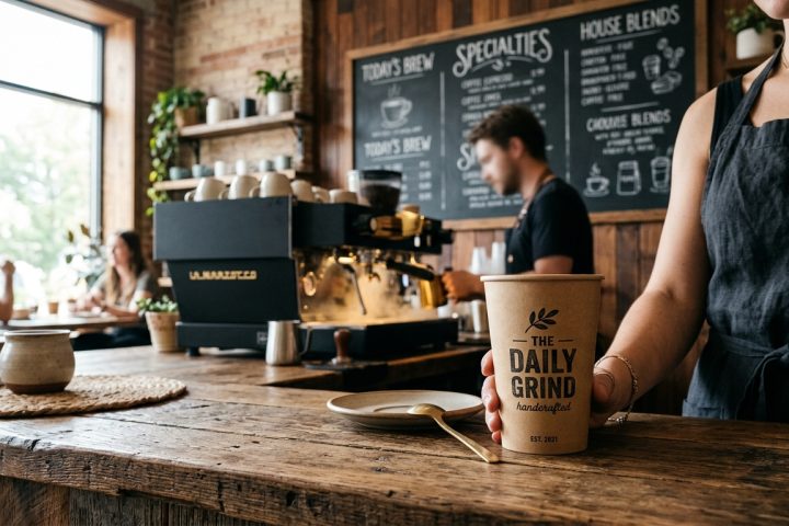 Barista holding a takeaway cup with The Daily Grind logo in a rustic coffee shop