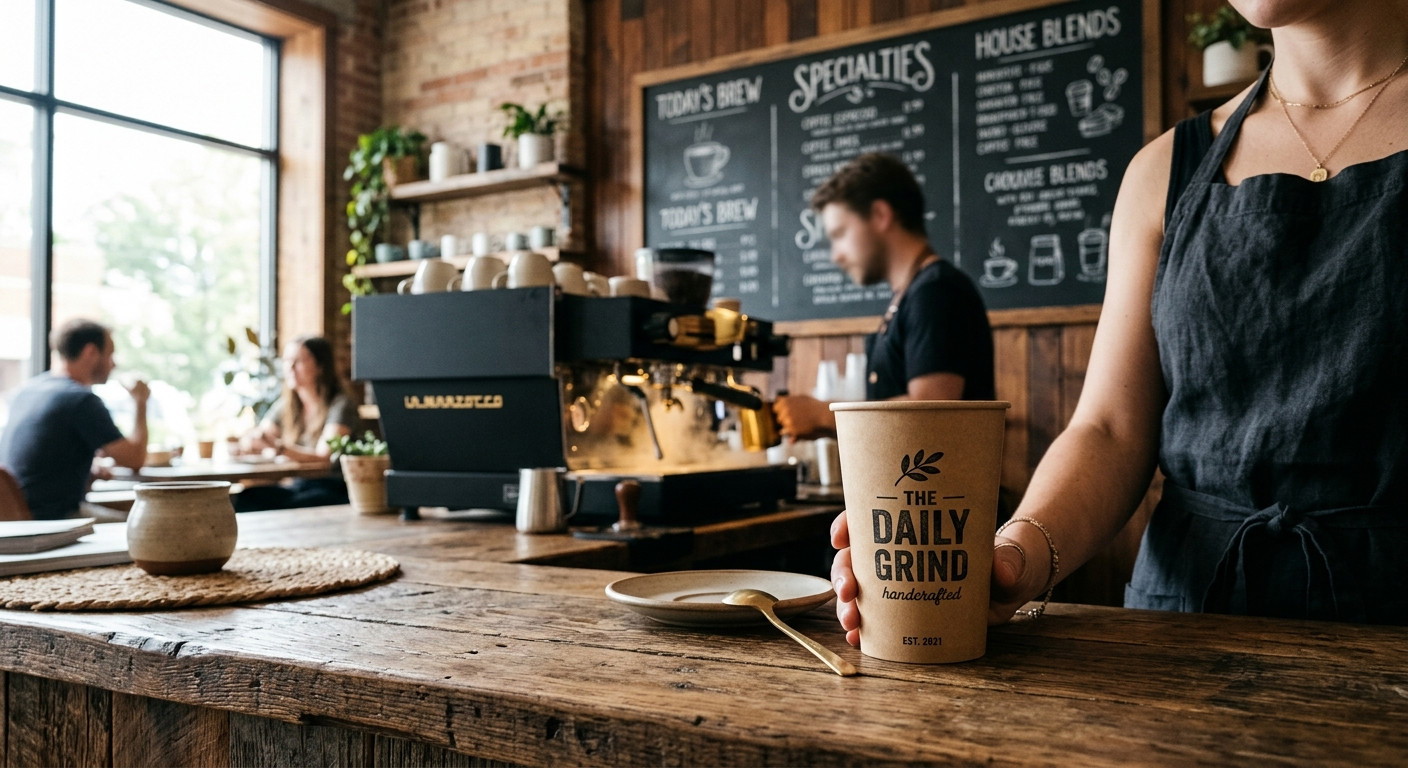 Barista holding a takeaway cup with The Daily Grind logo in a rustic coffee shop