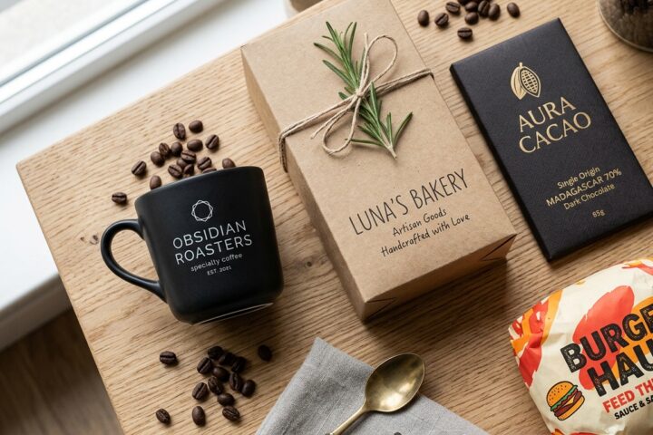 Branded food and drink items from Obsidian Roasters, Luna's Bakery, Aura Cacao, and Burger Haus on a wooden table