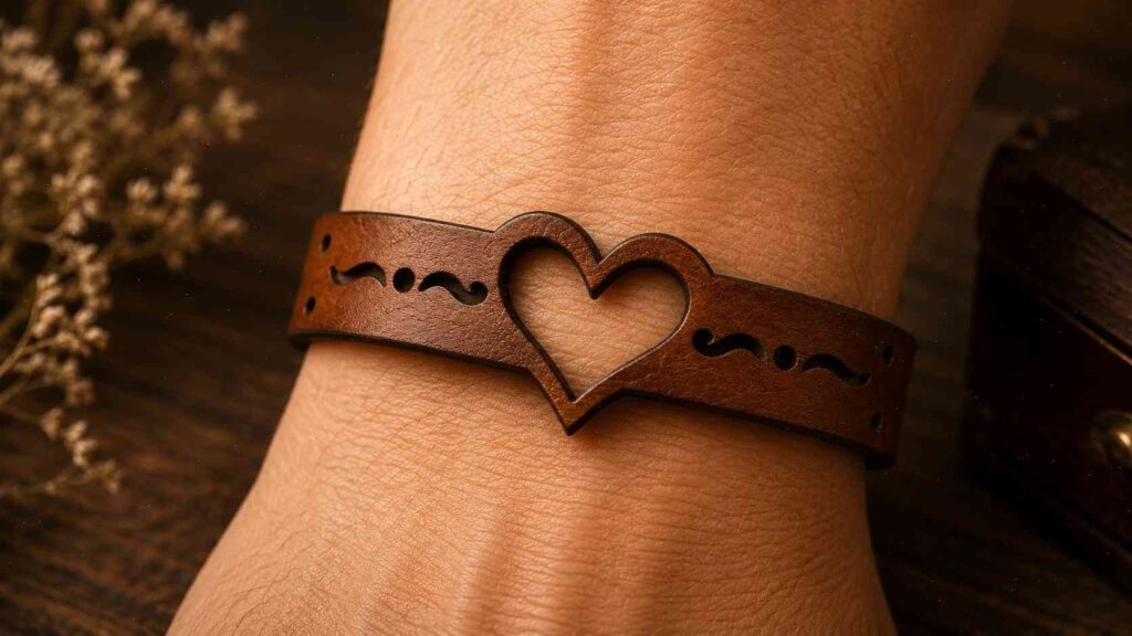Best Laser Engraver for Leather: What to Know Before Buying 4 A brown leather bracelet on a wrist featuring a laser-cut heart and decorative patterns