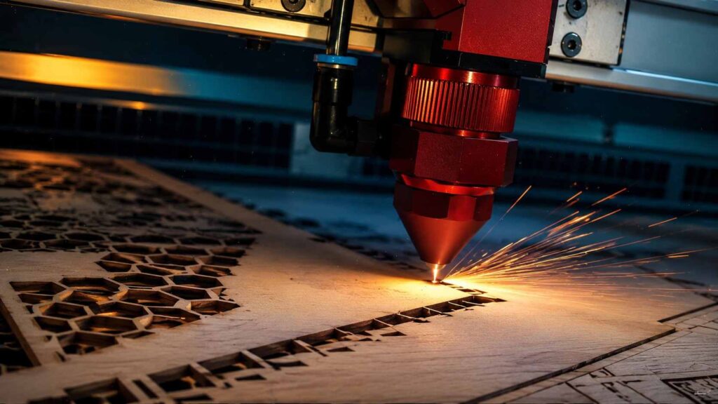 Diode vs CO2 Laser: Which One Should Beginners Buy in 2026? 3 A red CO₂ laser cutter head cutting an intricate hexagonal pattern into wood with sparks flying