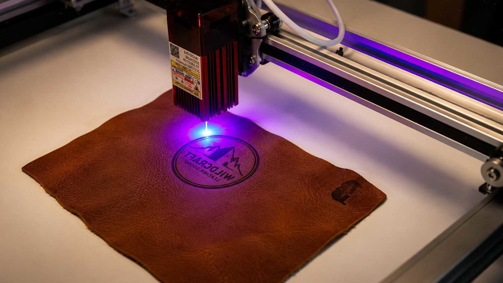 A laser engraver using a purple beam to etch a circular mountain logo onto a piece of brown leather