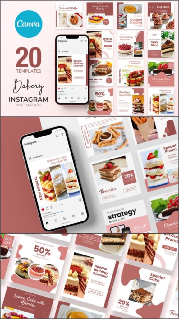 12 Instagram Templates for Bakery Shops to Increase Orders 5 Instagram Templates for Bakery Shops designed for showcasing cakes, pastries, bread products, seasonal promotions, and bakery special offers
