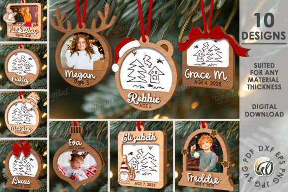 Laser Cut Products That Sell on Etsy and Make Money 8 Custom laser cut ornaments featuring names and ages, designed for holiday decorations.