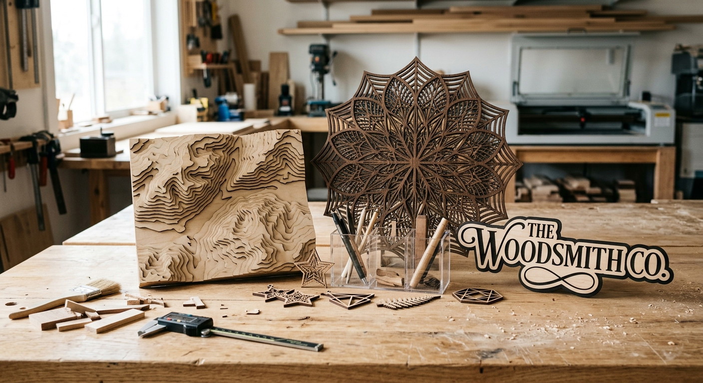 Intricate laser-cut wooden art, including a topographic map and mandala, on a workbench with The Woodsmith Co. sign