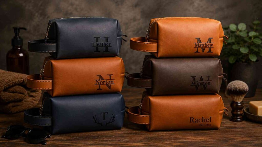 Best Laser Engraver for Leather: What to Know Before Buying 2 Stacked leather toiletry bags in navy, tan, and brown with laser-engraved names and monograms