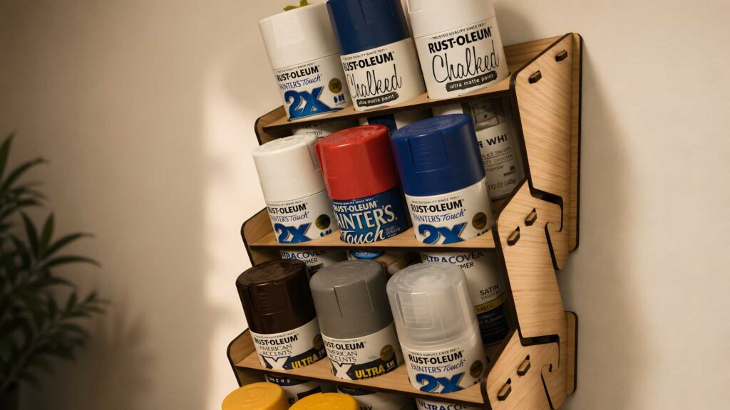 How to Paint Laser Cut Wood: 5 Methods Makers Actually Use 4 Several cans of Rust-Oleum spray paint organized on a tiered laser-cut wooden shelf