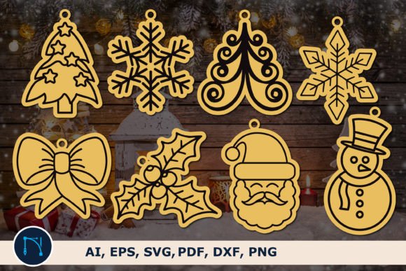 Easy Laser Cut Wood Projects To Sell On Etsy 51 Laser cut wood Christmas ornaments including a tree, snowflakes, a bow, holly, Santa, and a snowman.