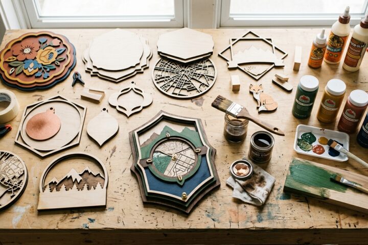Laser-cut wooden art pieces, paints, brushes, and glue arranged on a wooden workbench