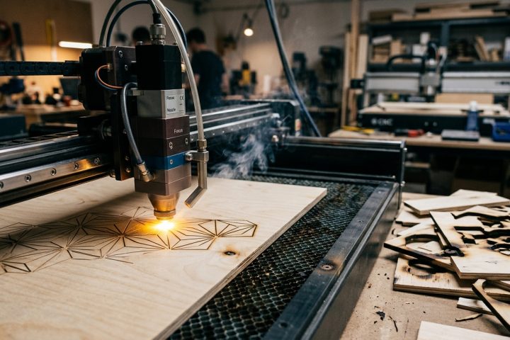 Laser cutter engraving a geometric pattern into a piece of plywood