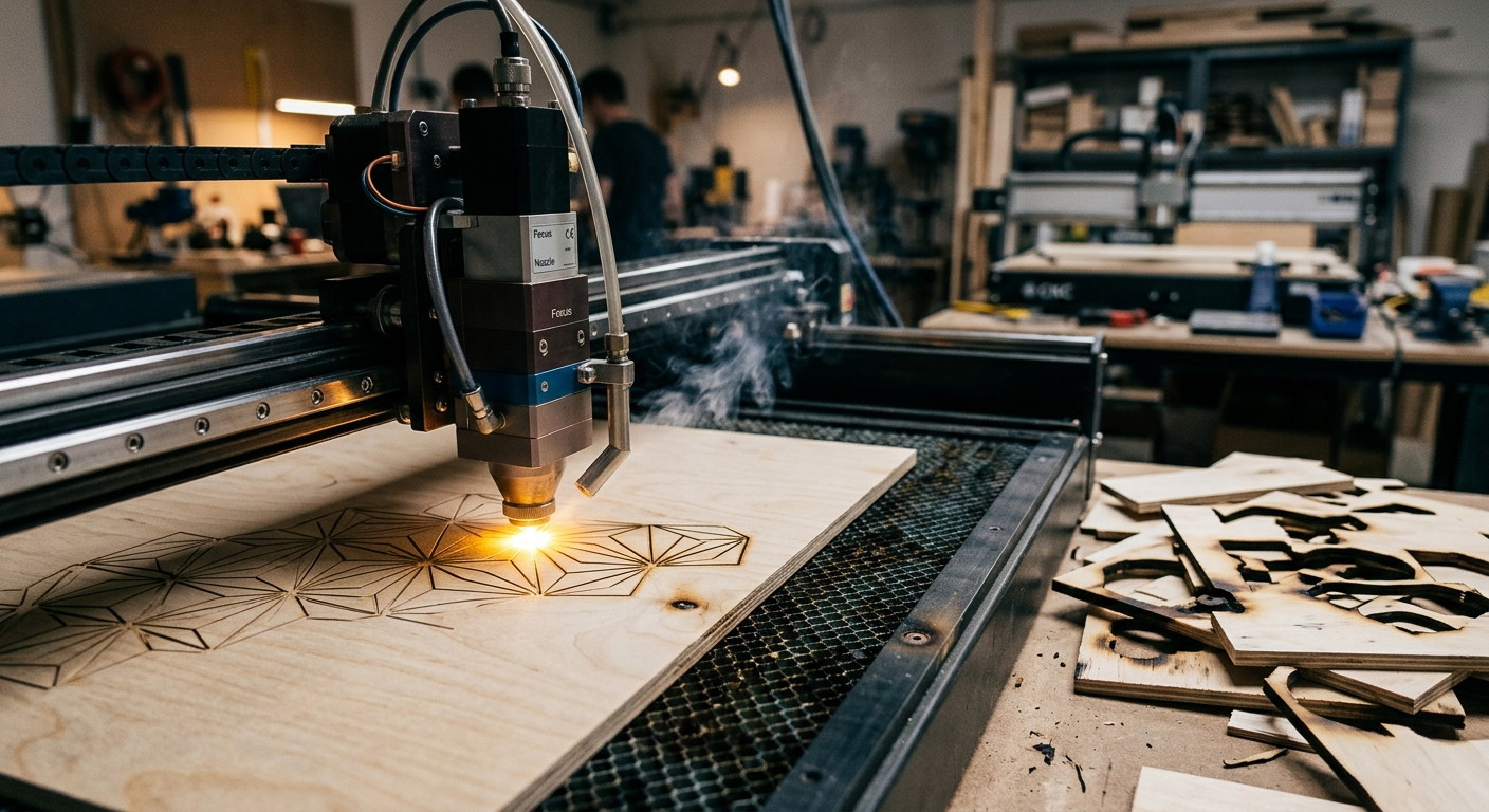 Laser cutter engraving a geometric pattern into a piece of plywood