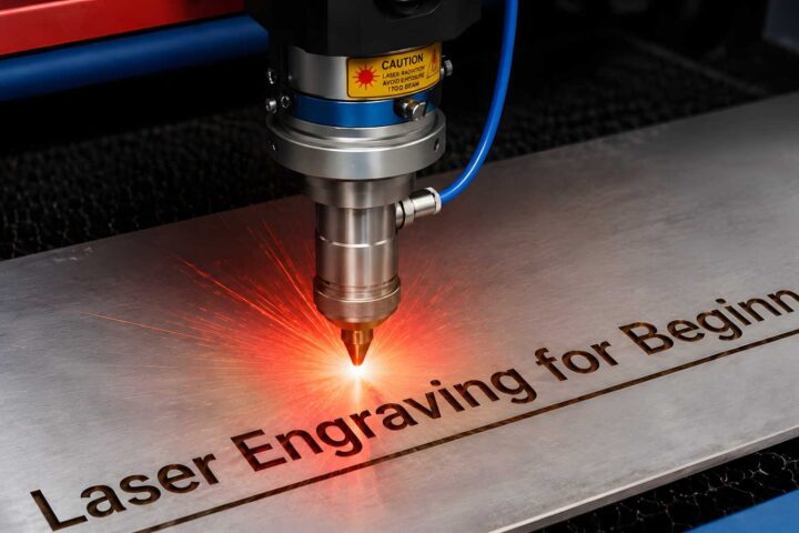 Laser head engraving the words Laser Engraving for Beginners onto a metal plate