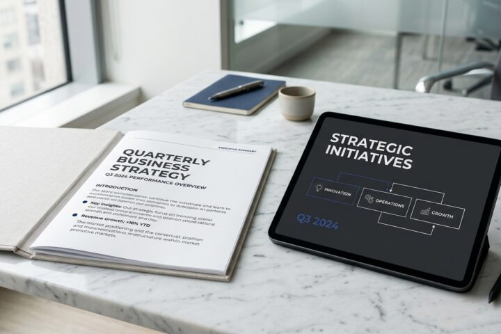Q3 2024 business strategy documents and a tablet showing strategic initiatives for innovation, operations, and growth