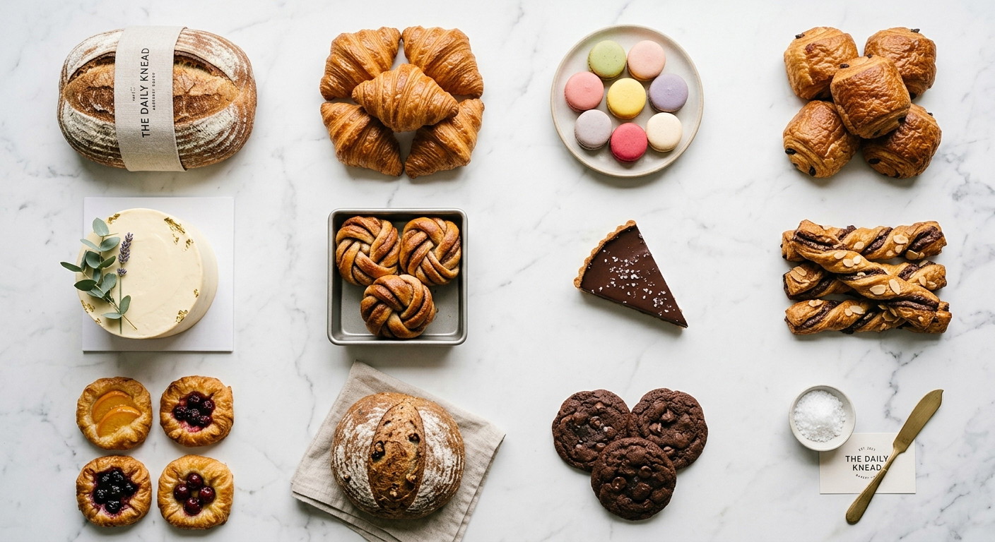 Selection of The Daily Knead bakery products including bread, croissants, macarons, pastries, and cakes on marble