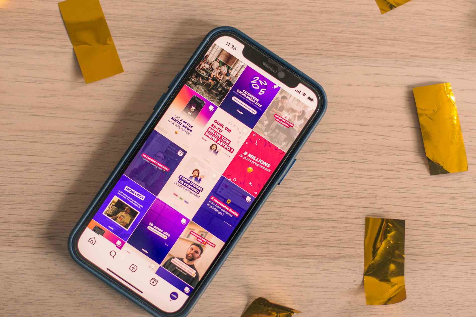A smartphone displaying the Swello Instagram profile on a wooden surface surrounded by gold confetti