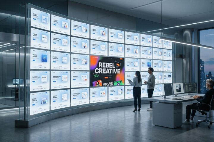 Team members in a modern office looking at a large wall of digital screens displaying various web design layouts