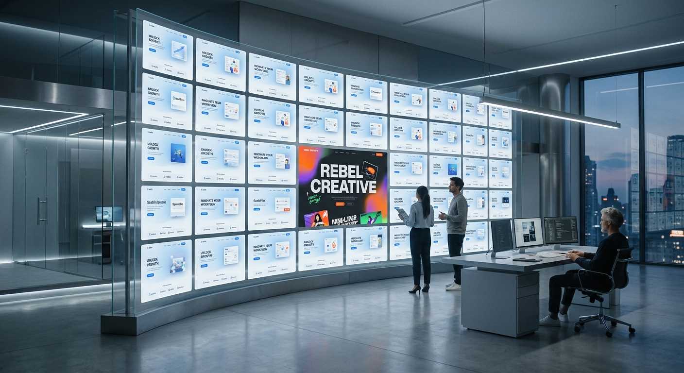 Team members in a modern office looking at a large wall of digital screens displaying various web design layouts