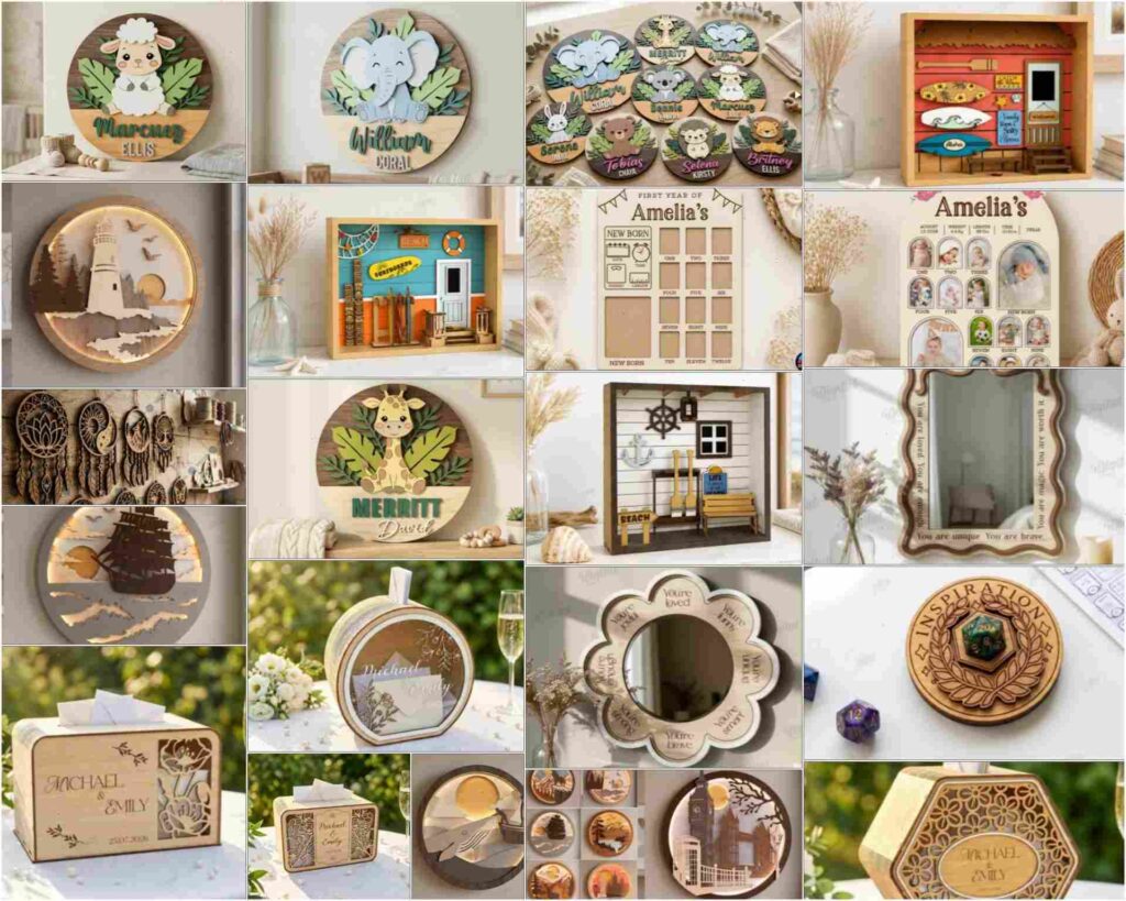 Laser Engraving for Beginners: Learn Before You Buy 3 Collage of laser-cut and engraved projects such as nursery signs, layered shadow boxes, and personalized home decor