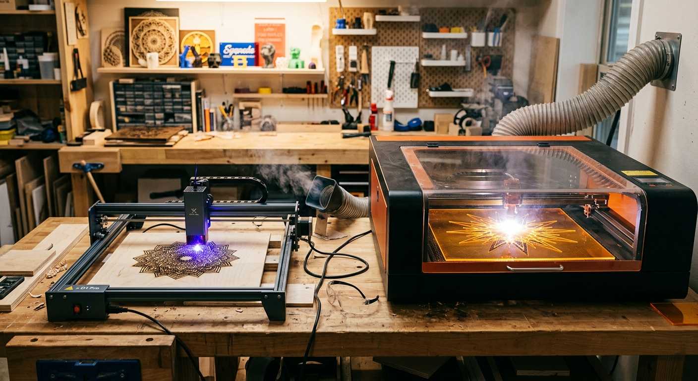 Two laser cutters in a workshop engraving a wooden mandala and cutting a starburst pattern in orange acrylic