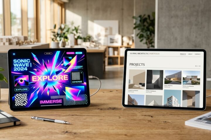 Two tablets on a wooden desk: one showing a neon 'Sonic Wave 2024' graphic, the other an architecture portfolio website