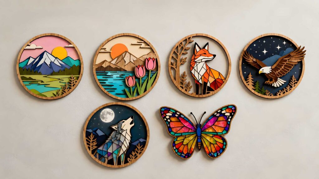 How to Paint Laser Cut Wood: 5 Methods Makers Actually Use 2 Six colorful, layered laser-cut wood art pieces featuring mountain landscapes, a fox, an eagle, a wolf, and a butterfly