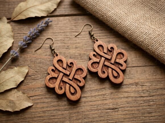 99+ Laser Cut Wood Projects To Sell From Home 133 Laser cut wooden earrings with intricate design on a rustic wooden surface