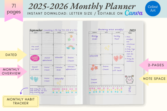 13 Monthly Planner Templates for Goals, Tasks and Events 2 2025-2026 Monthly Planner template showing a two-page layout with spaces for notes and habit tracking.