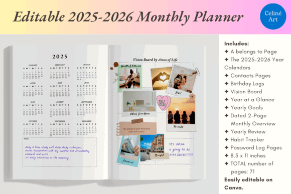 13 Monthly Planner Templates for Goals, Tasks and Events 3 Editable 2025-2026 Monthly Planner with vision board and calendar pages.