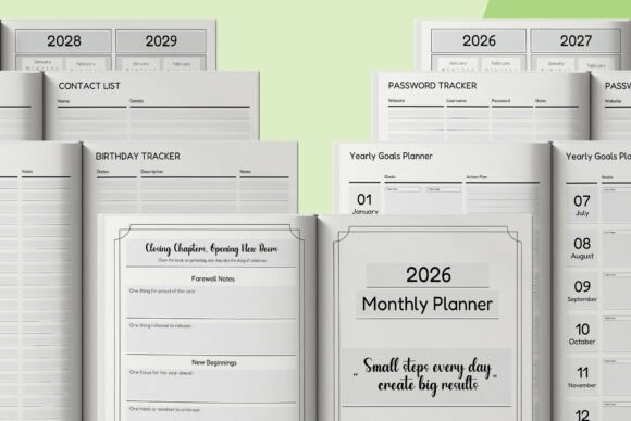 13 Monthly Planner Templates for Goals, Tasks and Events 30 2026 Monthly Planner layout with sections for contacts, passwords, and yearly goals.
