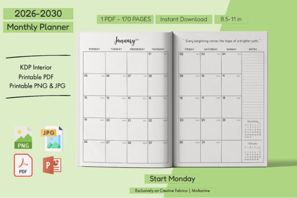 13 Monthly Planner Templates for Goals, Tasks and Events 29 Monthly planner template for 2026-2030 with a grid layout for January.