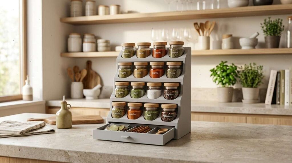 3D Printed Kitchen Gadgets: 10 Brilliant Ideas You’ll Actually Use 4 Spice storage is rarely as tidy as it looks in product photos. Jars come in different heights, cabinet shelves are often too deep, and the one spice you need somehow ends up behind everything else.