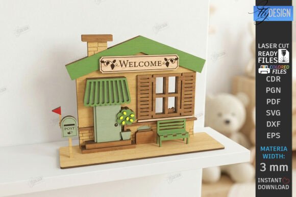 Wood Laser Cut Ideas: 45 Creative Projects Worth Making 51 Laser cut wooden house model with a welcome sign and decorative elements.