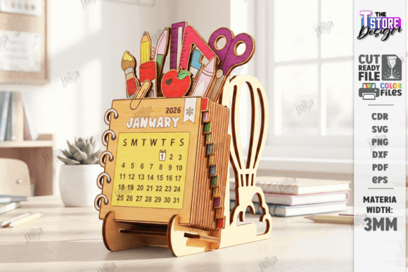 Laser Cut Teacher Appreciation Gifts: 45 Personalized Ideas 13 3D laser cut teacher desk calendar with colorful stationery items.