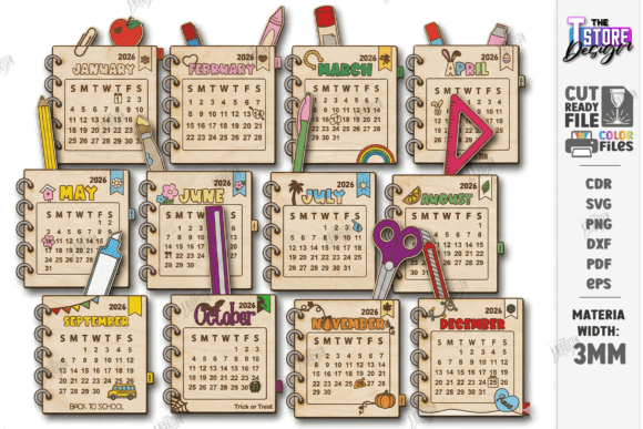Laser Cut Teacher Appreciation Gifts: 45 Personalized Ideas 14 2026 laser cut desk calendar with colorful classroom-themed designs for each month.