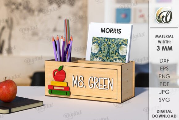 Laser Cut Teacher Appreciation Gifts: 45 Personalized Ideas 2 3D laser cut pencil holder with apple design and name 'MS. GREEN' for teacher's desk.