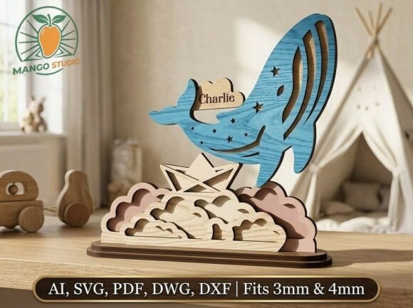 34 Acrylic Laser Cut Designs That Look Professional 3 3D whale nursery name sign with clouds and a personalized name.