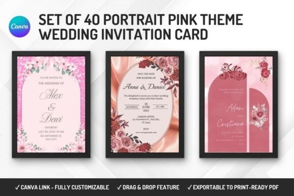 14 Editable Wedding Invitation Templates for Modern Couples 29 Three customizable pink wedding invitation cards with floral designs and elegant typography.