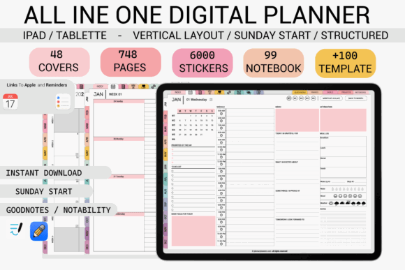 15 Best Digital Planner Templates for Goodnotes in 2026 14 Vertical layout digital planner with various sections and stickers displayed on an iPad.