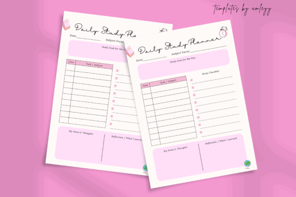 12 Best Digital Academic Planner Templates for Students 32 Aesthetic daily study planner template with sections for tasks and notes on a pink background.