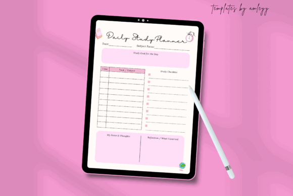 12 Best Digital Academic Planner Templates for Students 33 Aesthetic daily study planner template on a pink background with sections for tasks and study goals.